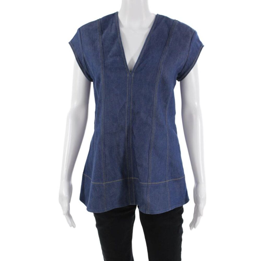 Derek Lam, Womens Tunic Blouse Dark Blue V-Neck Sleeveless Size 4